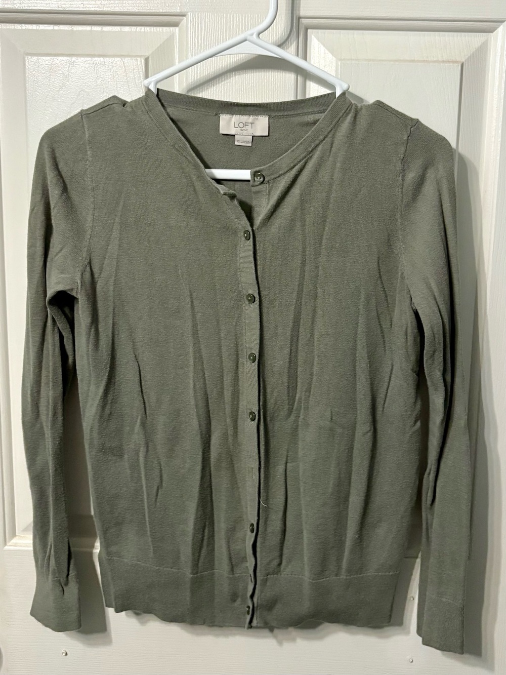 LOFT Olive Crewneck Button-Front Cardigan